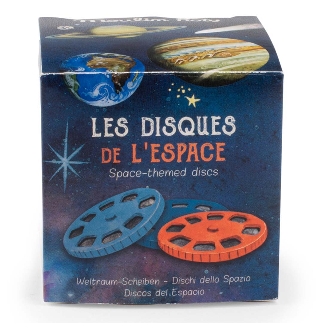 De verpakking van de Moulin Roty projector schijven met ruimte-thema en de tekst 'LES DISQUES DE L'ESPACE'.