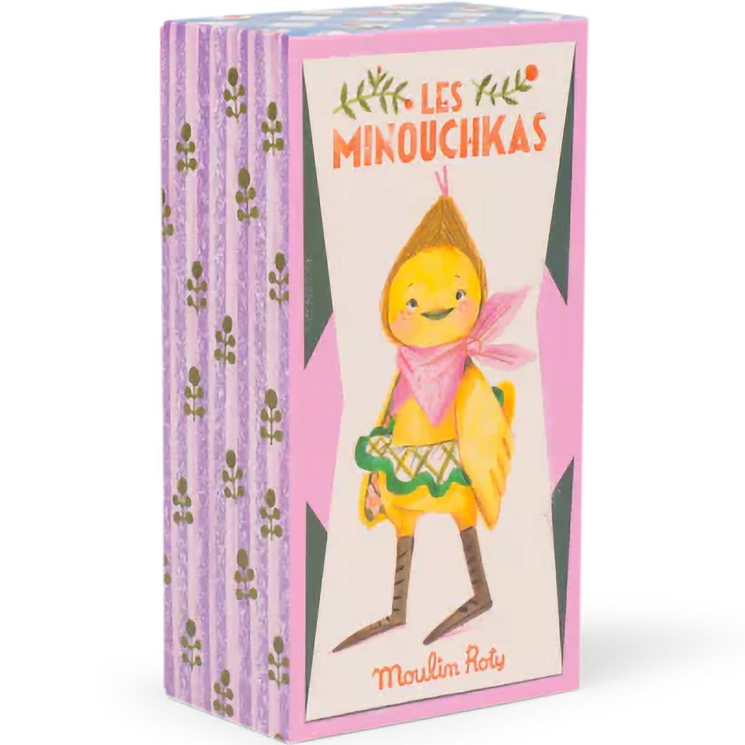 De gesloten, versierde verpakking van Moulin Roty knuffeleend Rita met een illustratie van het figuur.