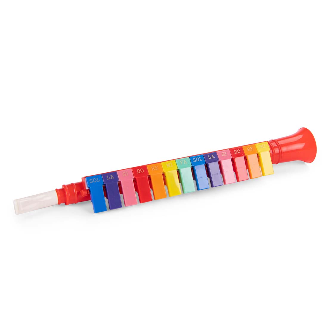 Moulin Roty melodica windinstrument met regenboogkleurige toetsen en noten.