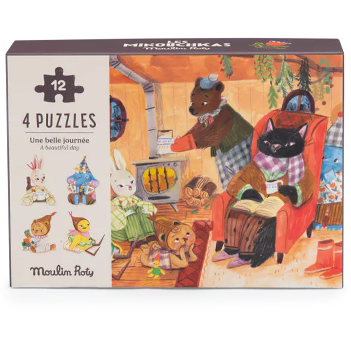 Moulin Roty puzzelset verpakking met illustraties van dieren in huiselijke sfeer.