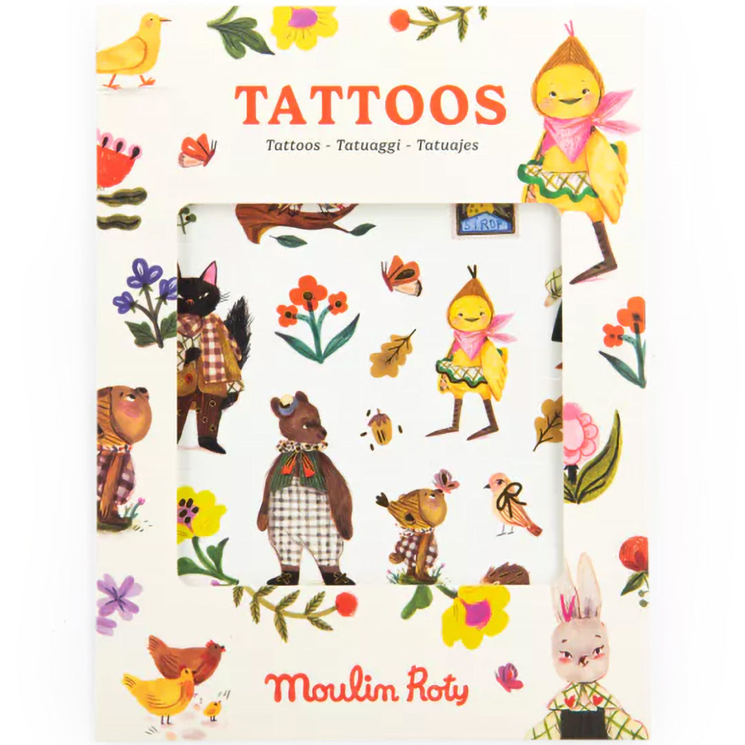 Verpakking van Moulin Roty tijdelijke kindertattoos met dieren en bloemen.