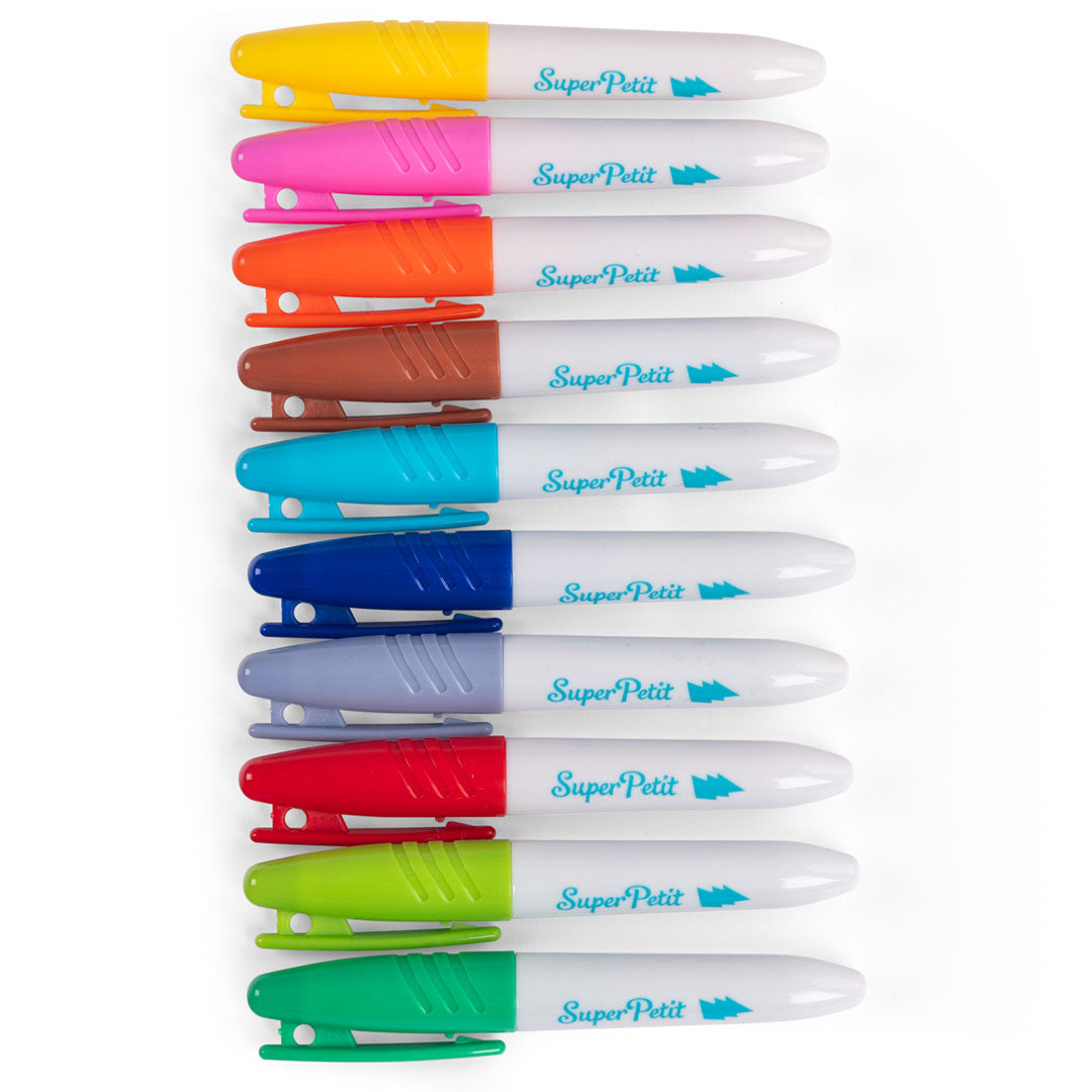 Tien Super Petit uitwisbare stiften in verschillende kleuren, verticaal op een rij.