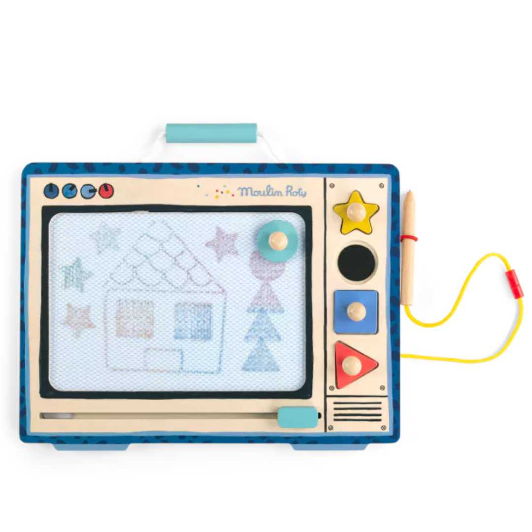 Moulin Roty magnetisch tekenbord in TV-vorm met een getekend huis, sterren en een boom op het scherm.