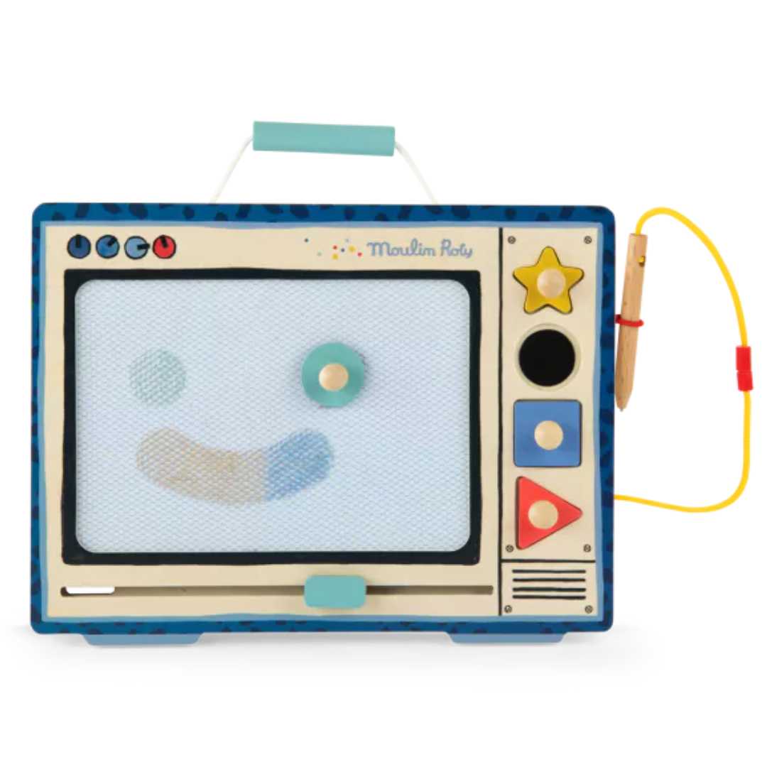 Moulin Roty magnetisch tekenbord in TV-vorm met een getekende smiley op het scherm.