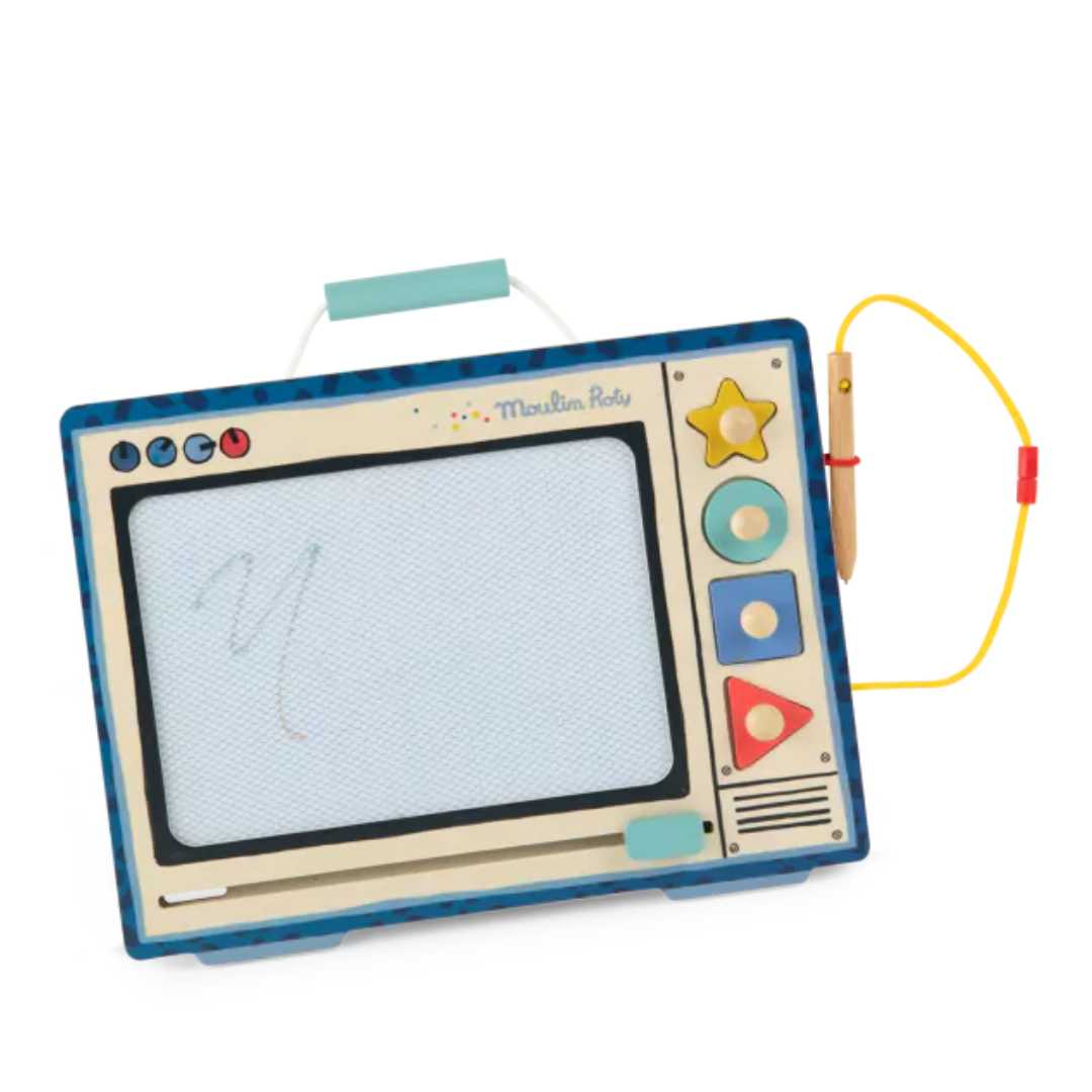 Schuine weergave van het Moulin Roty magnetisch tekenbord in TV-vorm met een getekende letter N op het scherm.