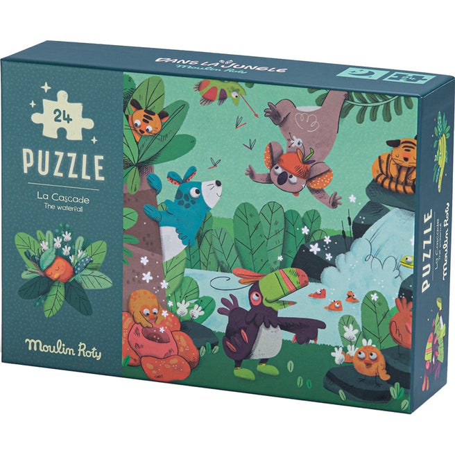 De Moulin Roty legpuzzel 'Dans la Jungle' met 24 stukjes, afgebeeld op de voorkant van de verpakking met een kleurrijke waterval en jungledieren.