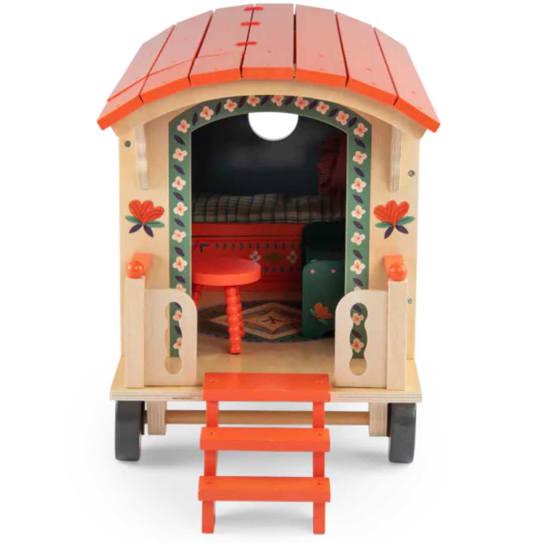 Moulin Roty houten stacaravan poppenhuis van de achterkant met een oranje trap en zicht op het interieur.