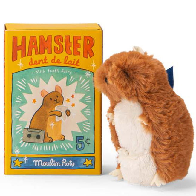 Moulin Roty pluchen hamster tandendoosje met gele verpakking.