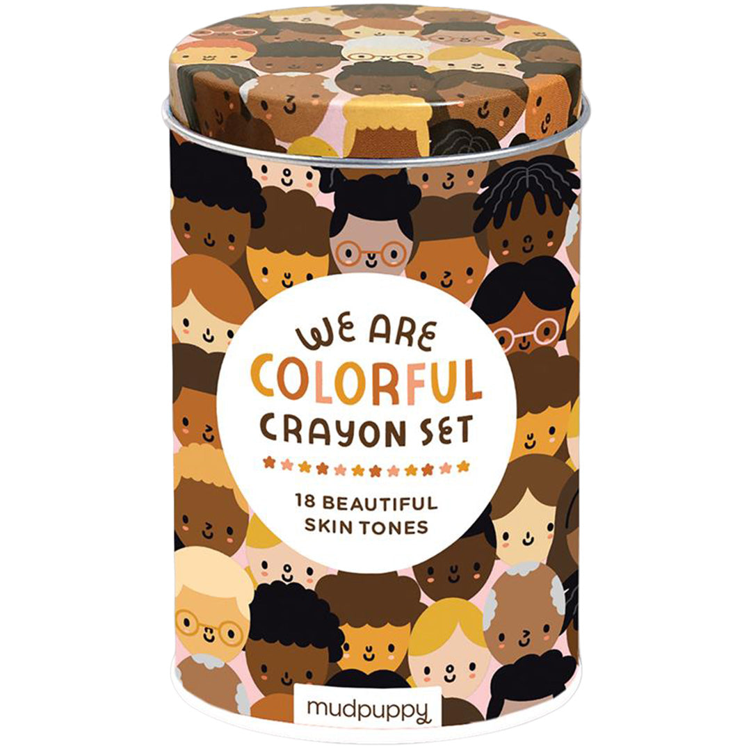 De Mudpuppy verpakking van de 'We Are Colorful' waskrijtjes met illustraties van diverse gezichten.