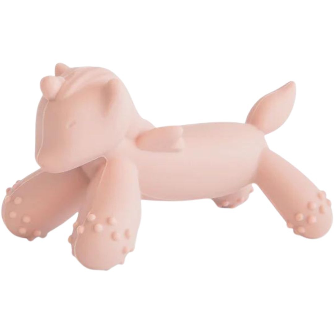 Mushie roze eenhoorn bijtspeelgoed met getextureerde pootjes.