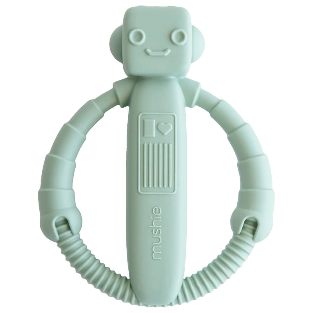 Mushie robot bijtspeelgoed in lichtgroen, vooraanzicht.