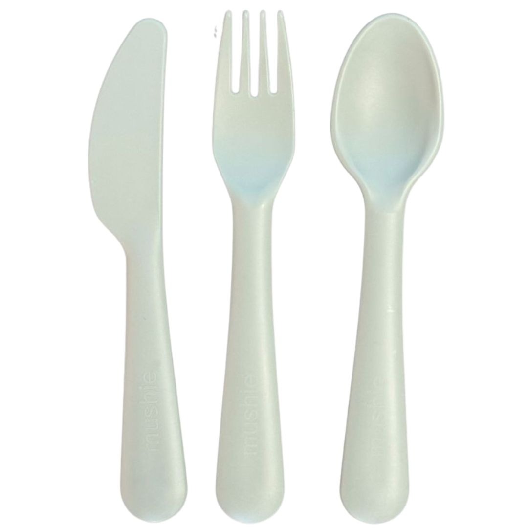 Mushie kinderbestek set van mes, vork en lepel in de kleur sage.