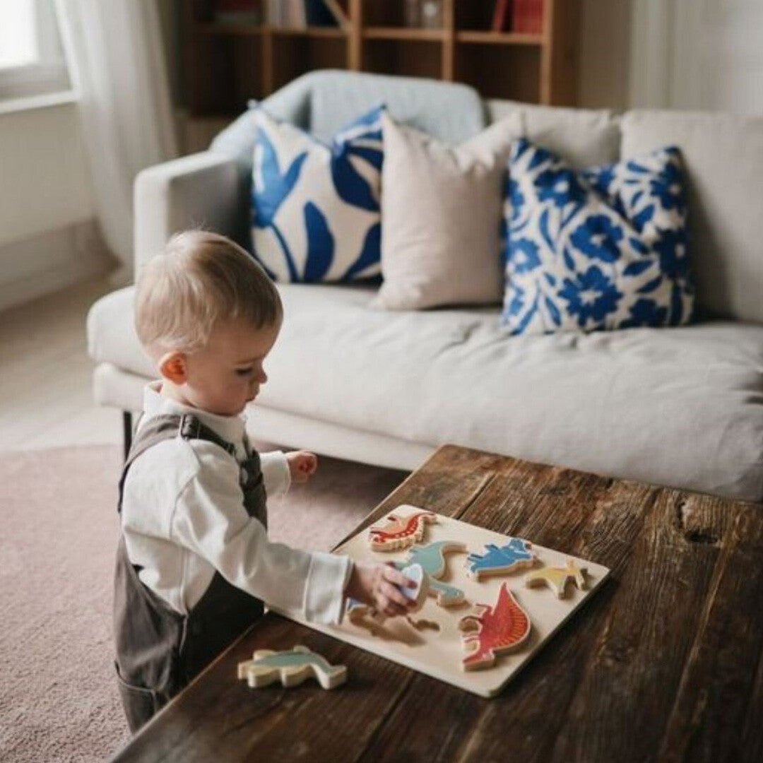 Een jong kind speelt met de Mushie houten dinosaurus puzzel op een salontafel in een woonkamer.