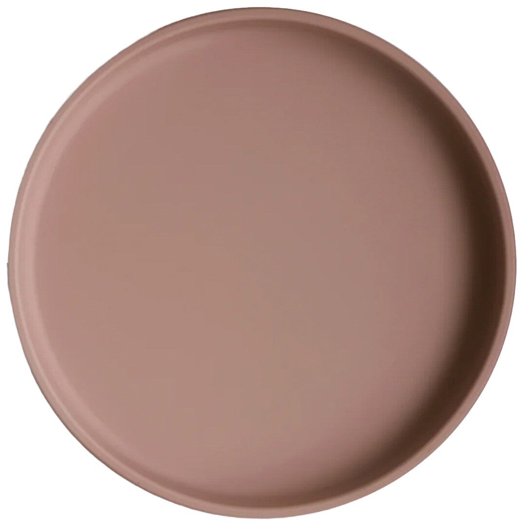 Mushie siliconen babybord met zuignap in cloudy mauve, van bovenaf gezien.