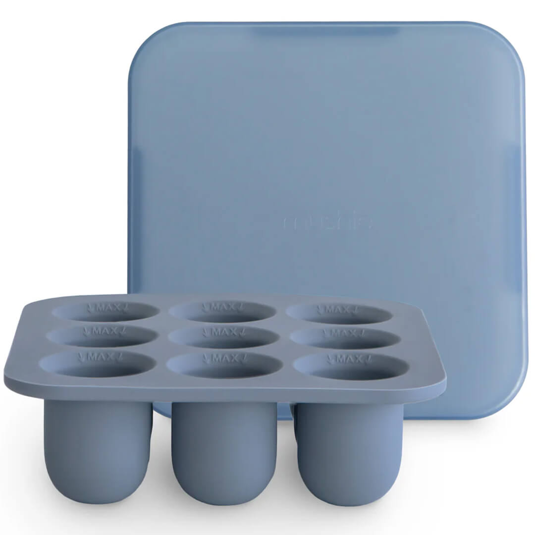 Mushie siliconen invriesvorm voor fruitspeen in blauw met bijpassende deksel.