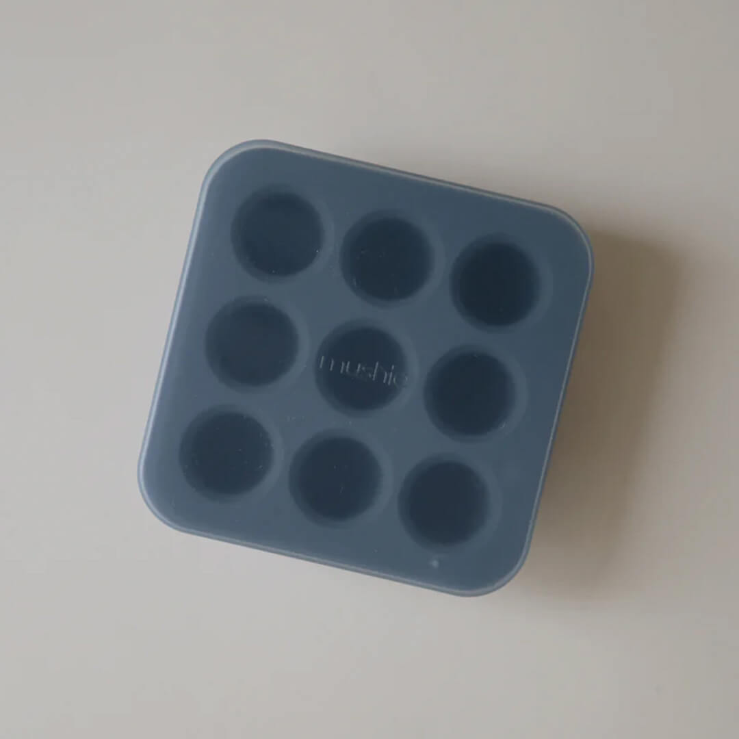 Mushie siliconen invriesvorm voor fruitspeen in blauw, van bovenaf gezien.