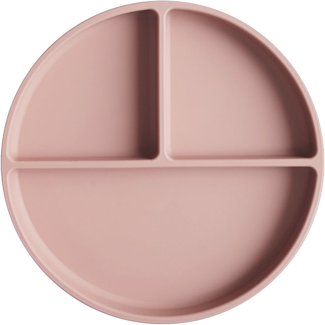Mushie siliconen voederbord met drie vakjes in blush roze, van bovenaf gezien.