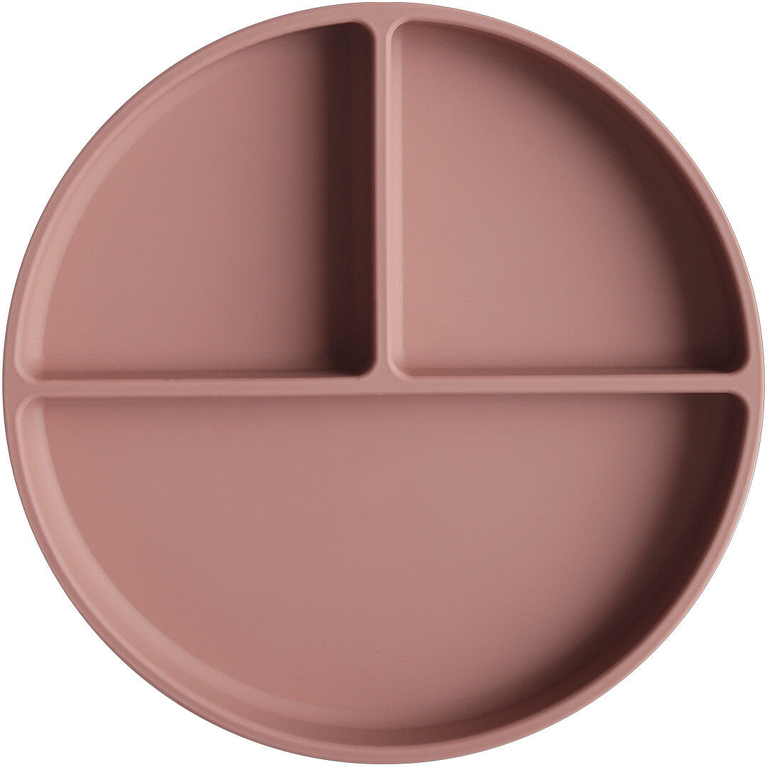 Mushie siliconen vakjesbord voor baby's in de kleur cloudy mauve, met drie vakken.