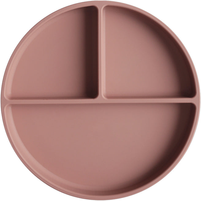 Mushie siliconen vakjesbord voor baby's in de kleur cloudy mauve, met drie vakken.