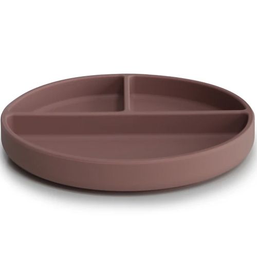 Mushie siliconen vakjesbord voor baby's in de kleur cloudy mauve, schuin van voren gefotografeerd.