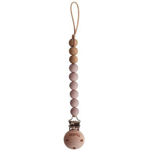 Mushie speenketting met roze en houten kralen en een houten clip.