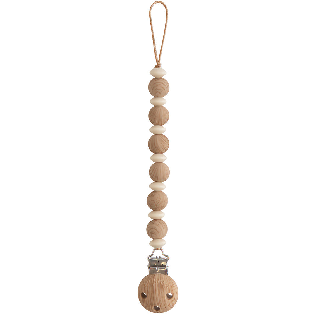 Mushie speenkoord met beige houten kralen en een ronde clip.