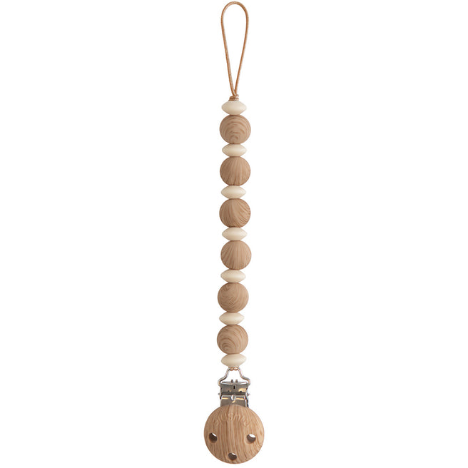 Mushie speenkoord met beige houten kralen en een ronde clip.