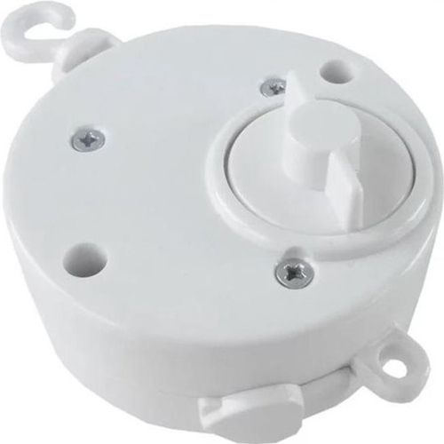 Wit plastic muziekdoosje voor een babymobiel met een opwindmechanisme en haak.
