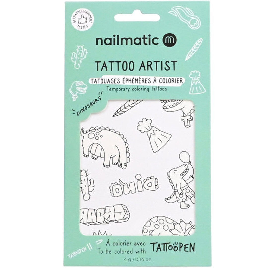 De voorkant van de nailmatic verpakking voor kleurbare dinosaurus tijdelijke tattoos.