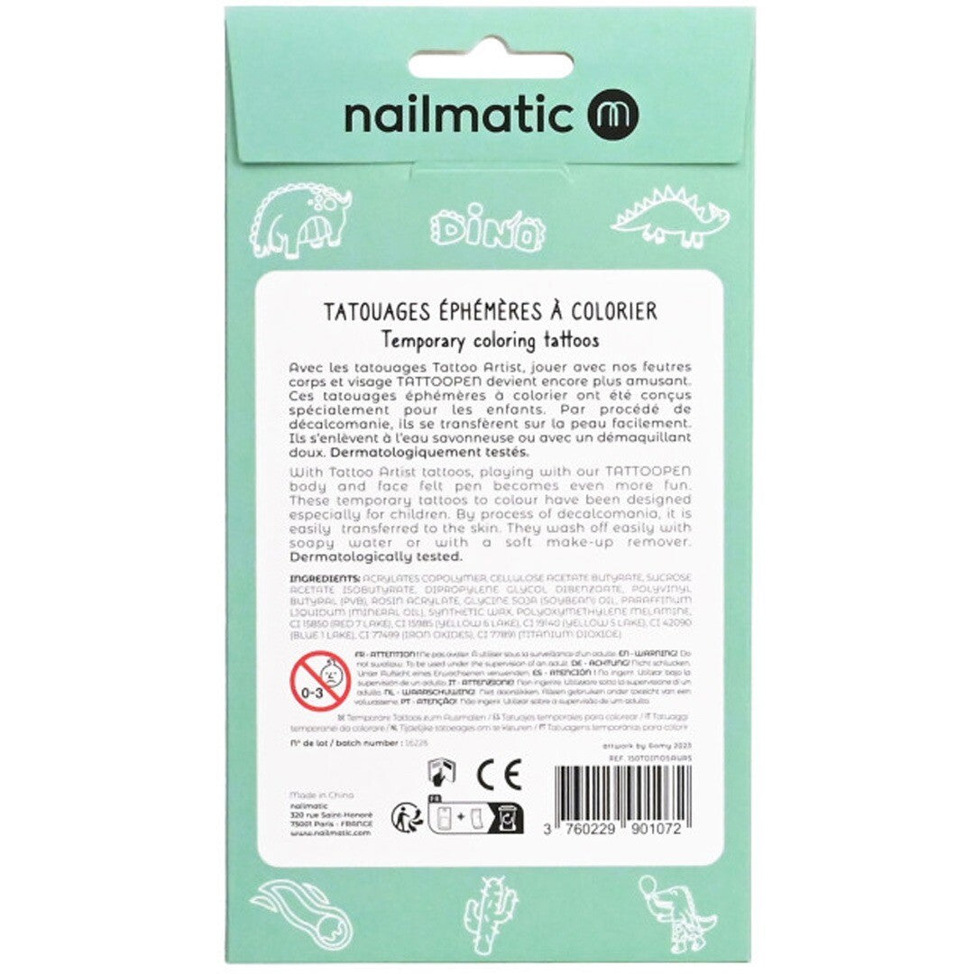 De achterkant van de nailmatic verpakking voor kleurbare dinosaurus tijdelijke tattoos met productinformatie.