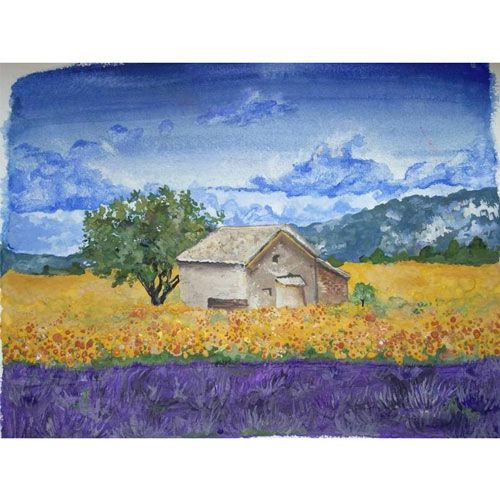 Een schilderij van een landschap met een stenen huis in een veld met gele bloemen en lavendel.
