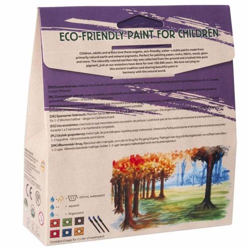 Achterkant van de Natural Earth Paint kinderverfset verpakking met productinformatie en een schildering.