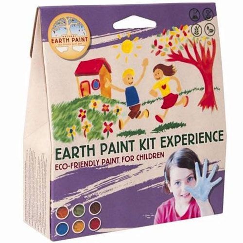 Voorkant van de Natural Earth Paint kinderverfset verpakking met illustraties van spelende kinderen.