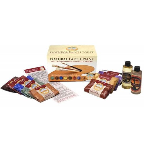 Natural Earth Paint complete startset met verpakking, zakjes verfpoeder, vloeistofflessen, palet en kwasten.