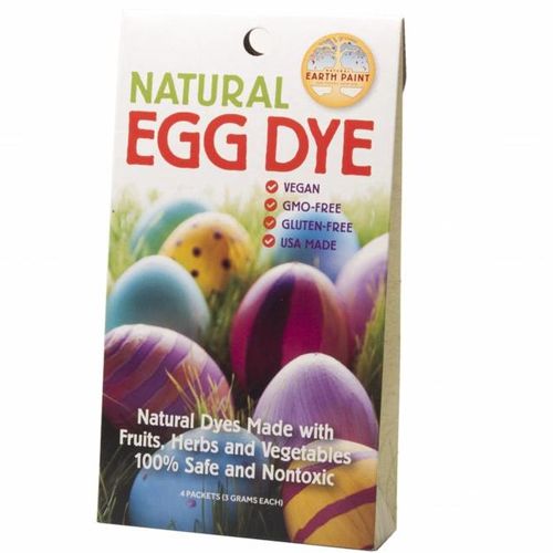 Voorkant van de Natural Earth Paint natuurlijke eiverf verpakking met afbeelding van gekleurde paaseieren.