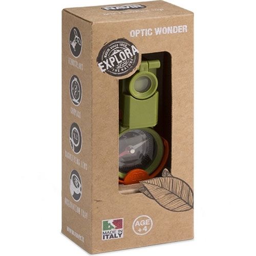 De bruine kartonnen verpakking van het Navir 5-in-1 exploratie instrument Optic Wonder, met het groene instrument zichtbaar.