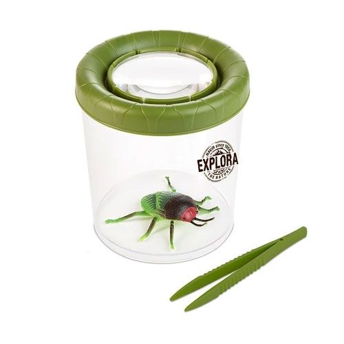 Navir insectenloep met pincet, een groene doorzichtige pot met vergrootglas en een plastic kever, naast een groene pincet.