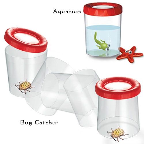 Infographic met voorbeelden van het gebruik van de insectenloep als aquarium en insectenvanger.