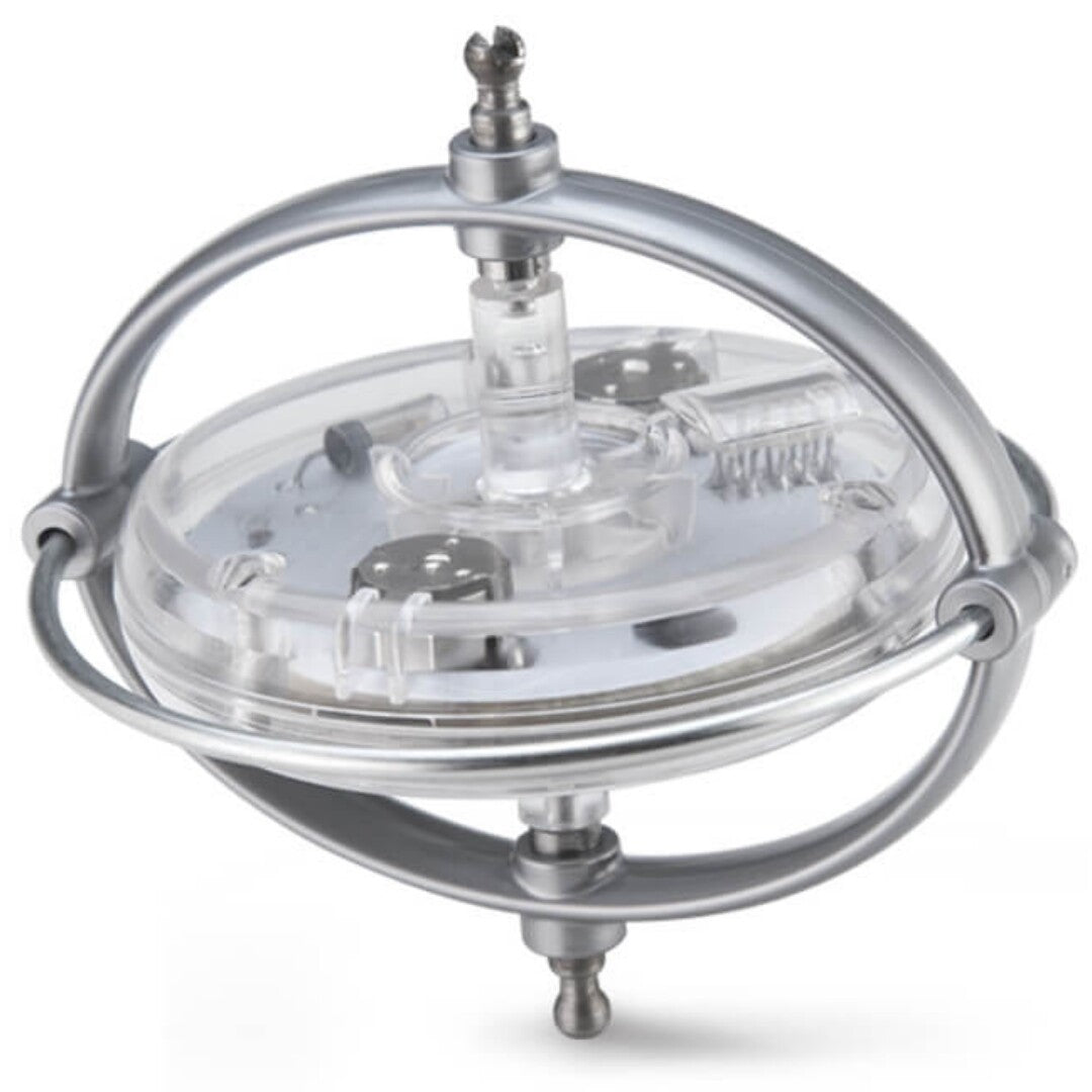 Navir lichtgevende gyroscoop van zilverkleurig metaal en transparant plastic.