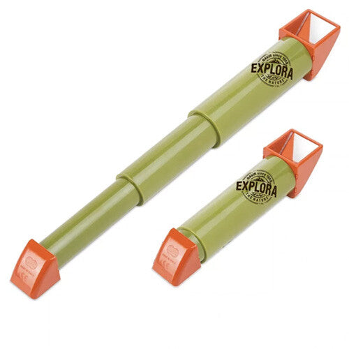 Navir Explora periscoop in uitgeschoven en ingeschoven stand, groen met oranje accenten.