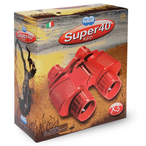 De verpakking van de Navir Super 40 rode speelgoed verrekijker.