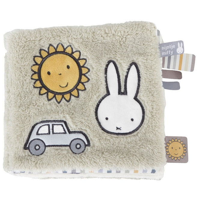 Nijntje-miffy babyspeelgoed activiteitenboek met een zon, auto en Nijntje op de beige voorkant.