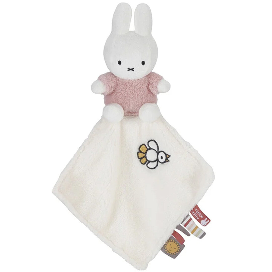 Nijntje-miffy pluchen knuffeldoekje met een roze Nijntje konijn en een geborduurde vogel op het crèmekleurige doekje.