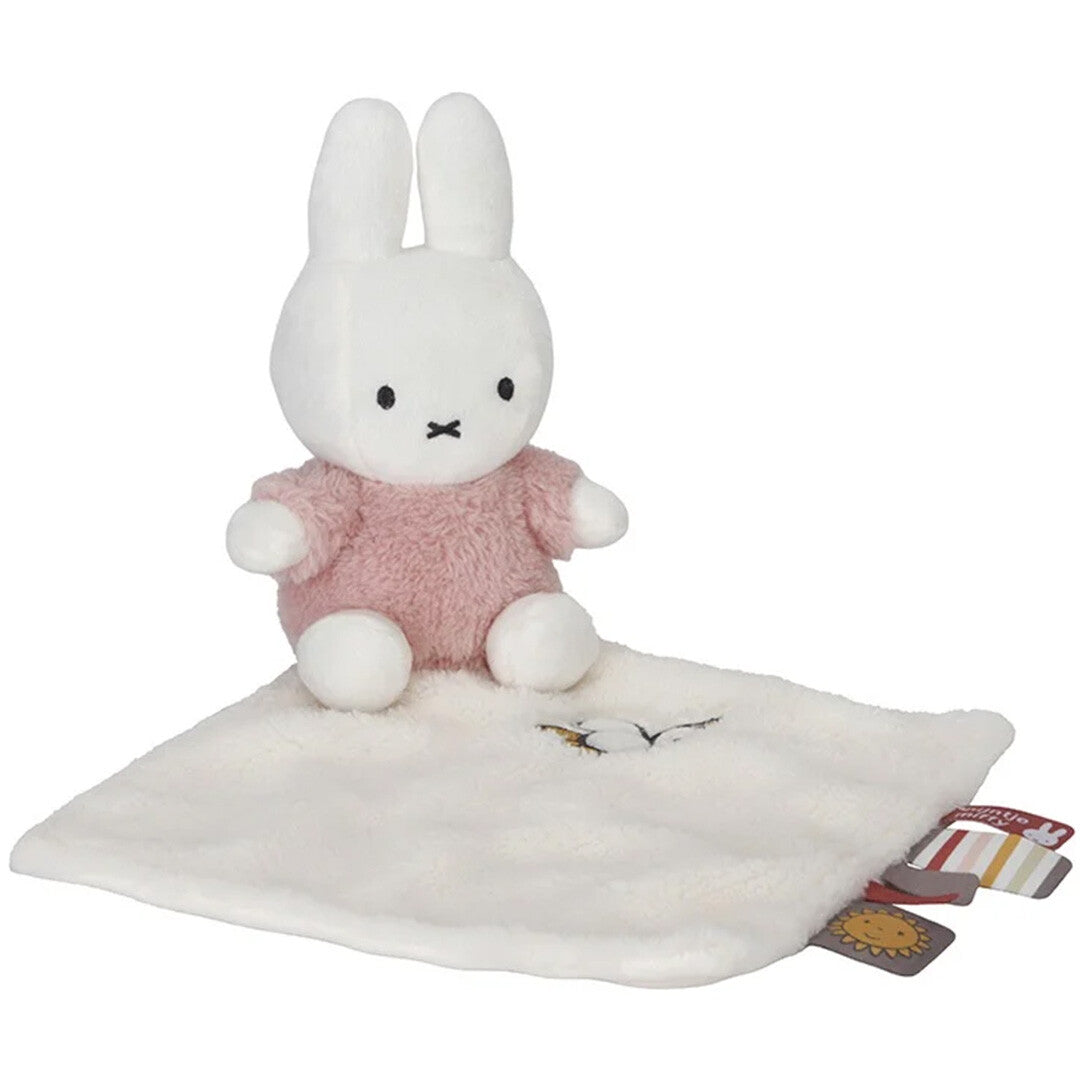 Nijntje-miffy pluchen knuffeldoekje met een zittend roze Nijntje konijn en een geborduurde vogel op het crèmekleurige doekje.