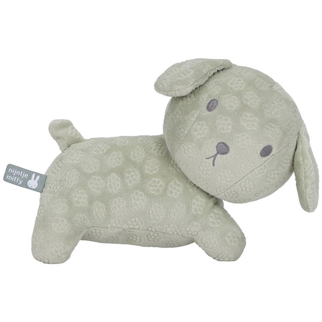 Nijntje-miffy groene pluchen knuffelhond Snuffie met bloemenpatroon.