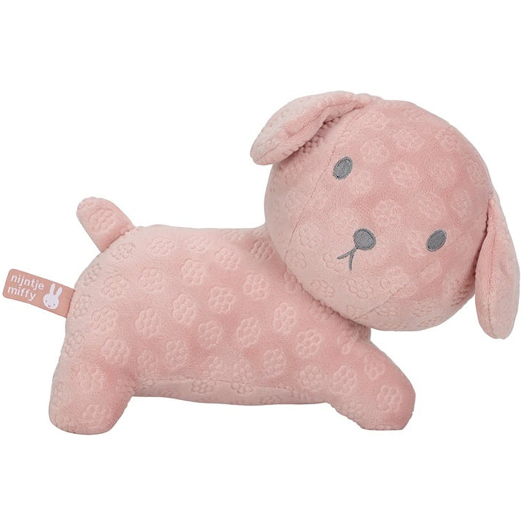 Nijntje-Miffy roze pluchen knuffelhond Snuffie met bloemenpatroon.