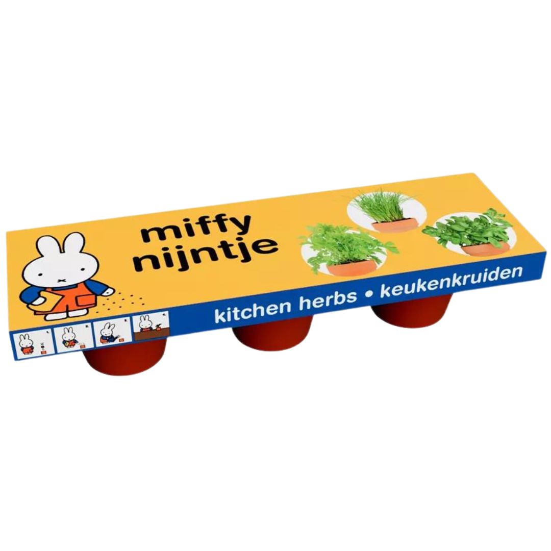 Verpakking van een Nijntje kweekset voor keukenkruiden met drie rode potjes.