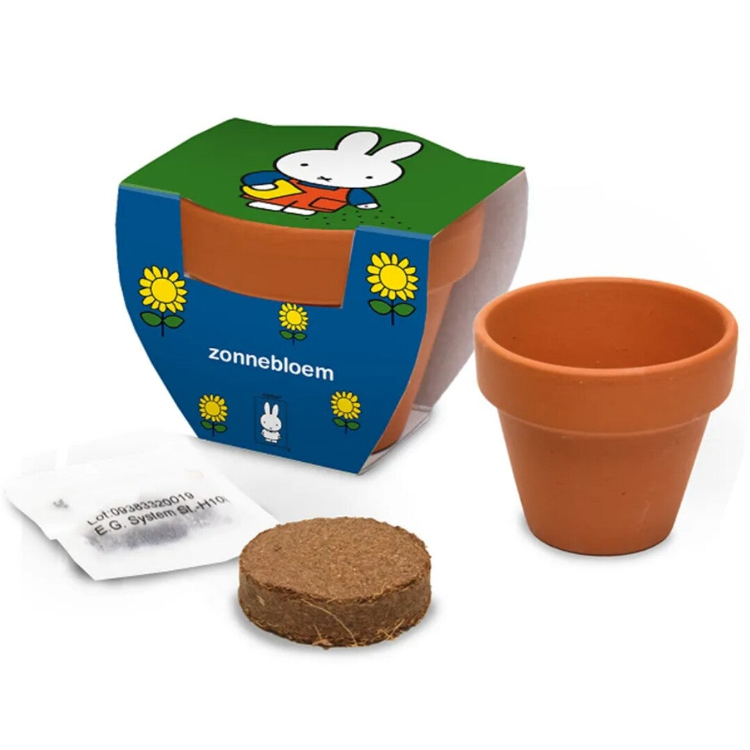 ilovespeelgoed Nijntje educatief speelgoed: een zonnebloem kweekset met terracotta pot, zaden en grondtablet.