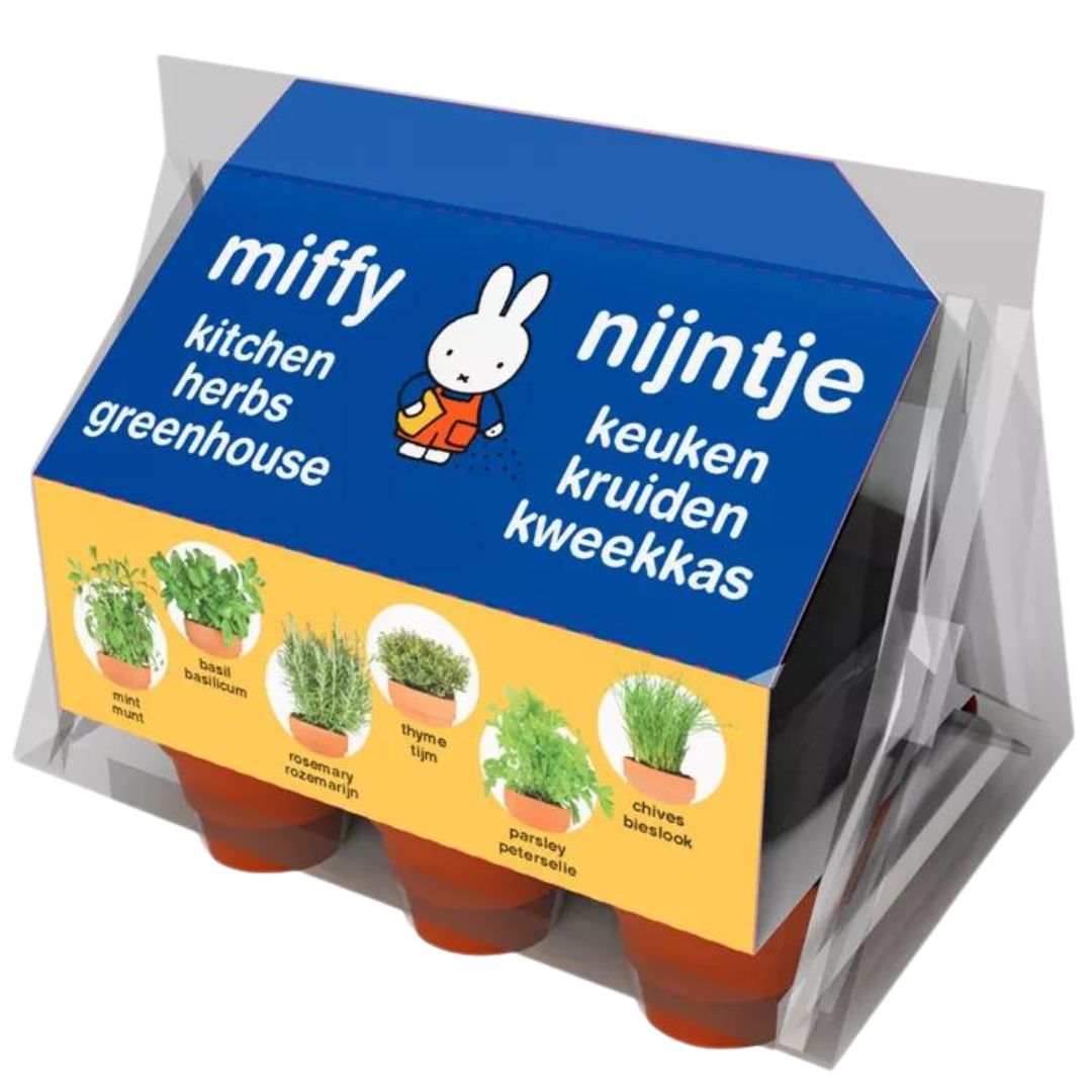 Verpakking van de Nijntje minikas keukenkruiden, met afbeeldingen van verschillende kruiden en Nijntje.