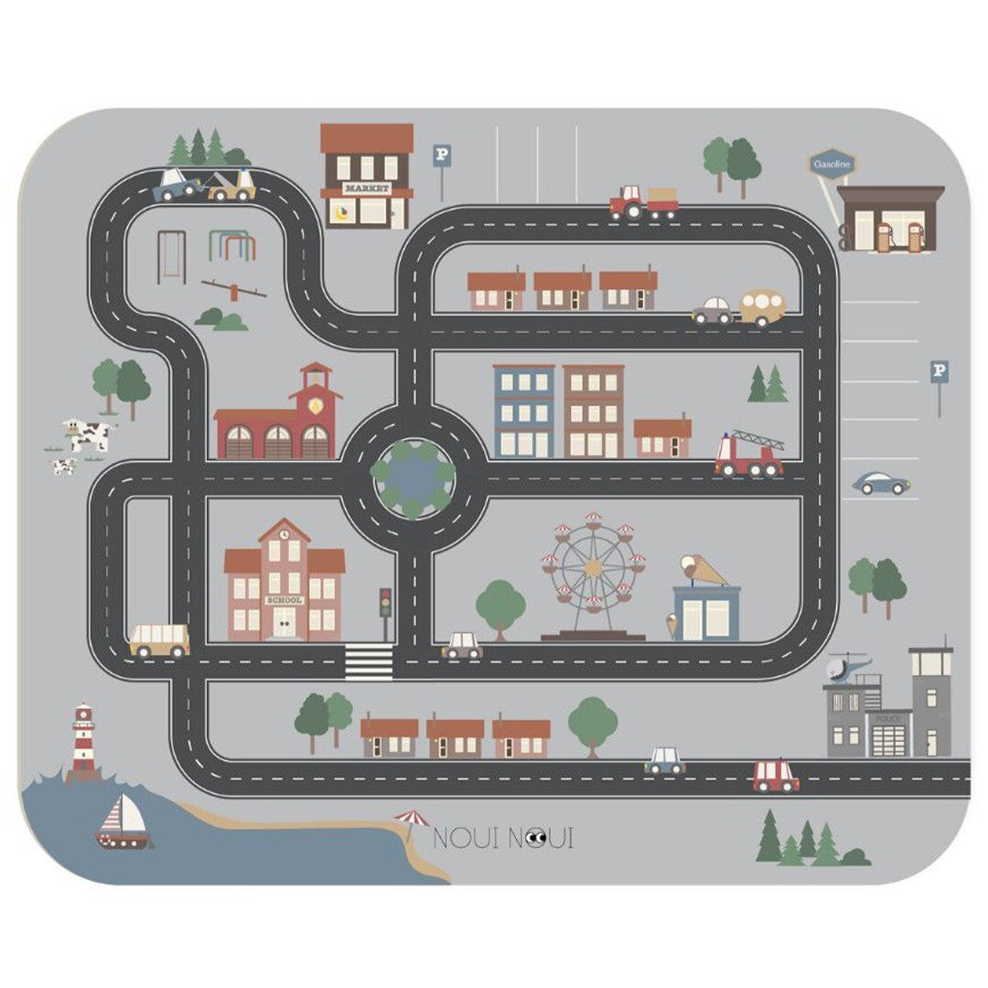Noui Noui placemat Little Village met wegen, gebouwen en voertuigen van bovenaf gezien.